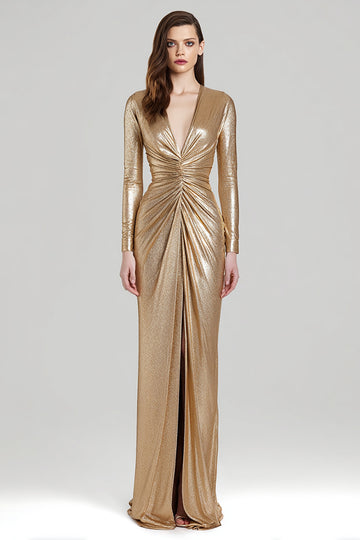 Ruched Long Sleeve V-Neck Sheath Gold Formal Dress With Slit